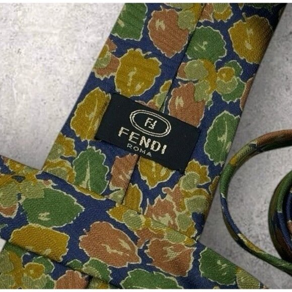 FENDI Silk Tie ITALY Blue Green Orange Leaf W:3.7" EUC - Picture 2 of 6